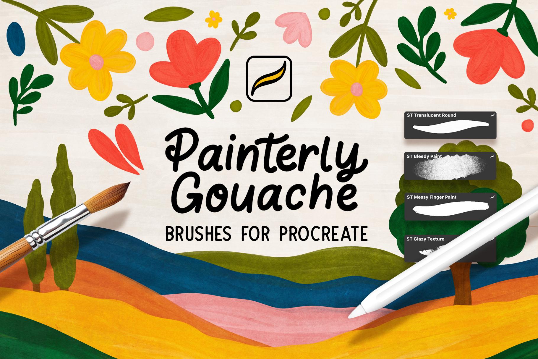 Painterly Gouache Procreate Brushes – 25 Creamy, Opaque, Textured Strokes + 3 Canvas Textures