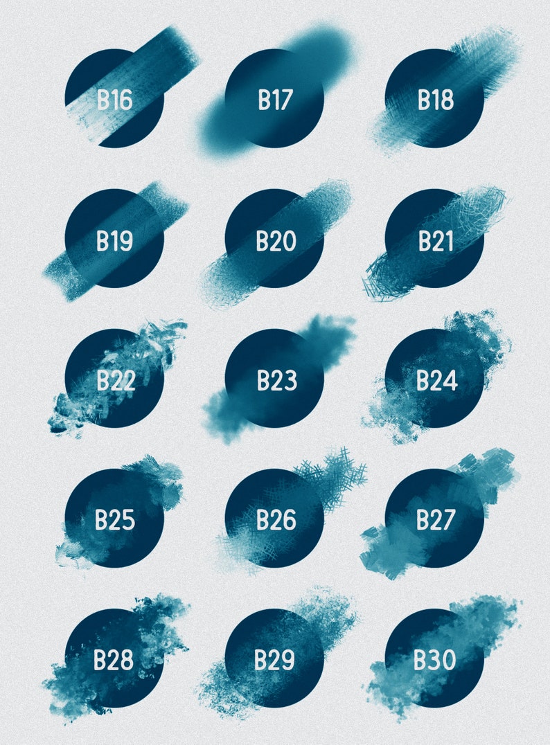 Puede incluir: Un conjunto de 15 pinceladas de acuarela azul, cada una con una textura y forma &uacute;nicas. Las pinceladas est&aacute;n etiquetadas con n&uacute;meros del B16 al B30.