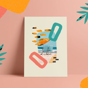 May include: A digital collage featuring a beach scene with two chairs under a yellow umbrella, surrounded by abstract shapes in blue, green, pink, and yellow.