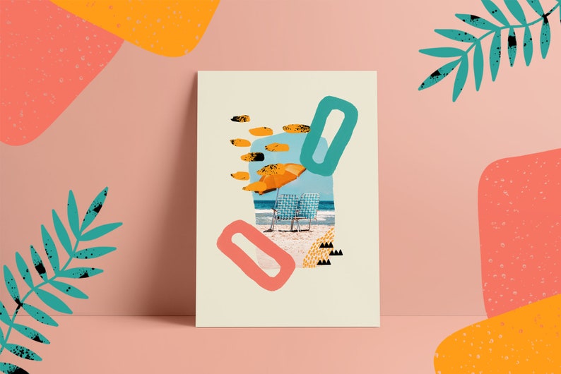 May include: A digital collage featuring a beach scene with two chairs under a yellow umbrella, surrounded by abstract shapes in blue, green, pink, and yellow.