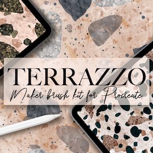 May include: A digital illustration of a terrazzo pattern with black, white, brown, and blue chips on a beige background. The text "TERRAZZO Maker brush kit for Procreate" is displayed on a white rectangle.