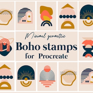Op de afbeelding: Een set van 12 digitale stempels voor Procreate met minimalistische geometrische ontwerpen in een boho-stijl. De stempels bevatten vormen, bogen en zonnestralen in roze, blauw, geel en oranje.