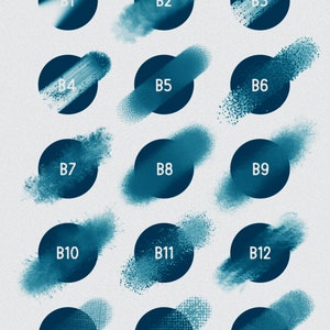 Puede incluir: Quince pinceladas azules diferentes sobre un fondo blanco. Cada pincelada est&aacute; etiquetada con una letra y un n&uacute;mero, de B1 a B15.