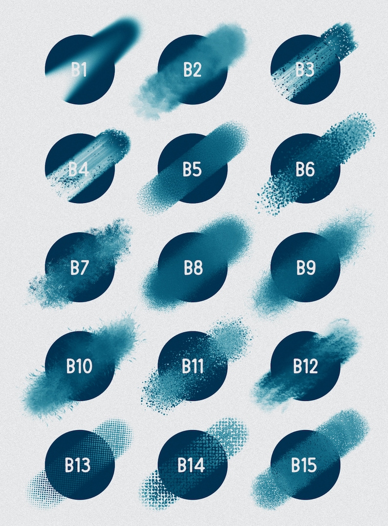 Puede incluir: Quince pinceladas azules diferentes sobre un fondo blanco. Cada pincelada est&aacute; etiquetada con una letra y un n&uacute;mero, de B1 a B15.