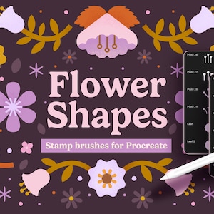 Può includere: Grafica di arte digitale con le parole "Flower Shapes" e "Stamp brushes for Procreate". L'immagine presenta varie illustrazioni floreali in tonalità di viola, giallo e arancione, insieme a uno stilo e due schermi digitali.