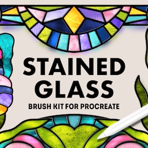 May include: A digital illustration of a stained glass brush kit for Procreate. The image features a butterfly, a leafy design, and a stylized archway, all in a stained glass style. The text "STAINED GLASS" and "BRUSH KIT FOR PROCREATE" is displayed in black.