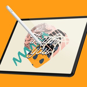 May include: A white stylus hovers over a tablet screen displaying a digital illustration of abstract shapes and the words "Thank You" in a handwritten style.