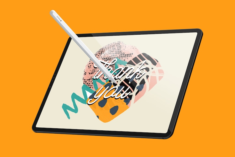 May include: A white stylus hovers over a tablet screen displaying a digital illustration of abstract shapes and the words "Thank You" in a handwritten style.
