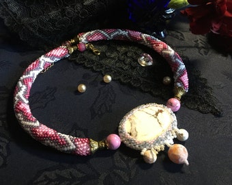 Snake pattern necklace Pink seed bead necklace  Howlite and agate necklace Crocheted rope necklace