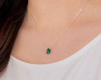 Emerald Birthstone Necklace, Natural May Birthstone Pendant, Dainty Raw Emerald Gift, Genuine Emerald Teardrop Necklace, Tiny Green Crystal