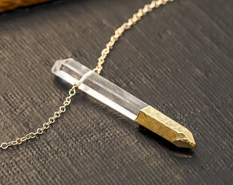 Large Quartz Crystal Pendant Necklace with Gold-dipped tip