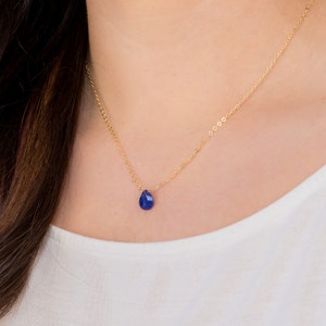 Sapphire Birthstone Necklace, Dainty Crystal Teardrop Pendant, Simple Gold Gemstone Necklace, September Anniversary Gift, Genuine Sapphire