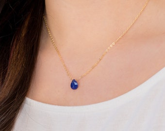 Sapphire Birthstone Necklace, Dainty Crystal Teardrop Pendant, Simple Gold Gemstone Necklace, September Anniversary Gift, Genuine Sapphire