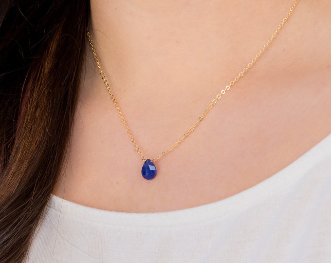 Featured listing image: Sapphire Birthstone Necklace, Dainty Crystal Teardrop Pendant, Simple Gold Gemstone Necklace, September Anniversary Gift, Genuine Sapphire