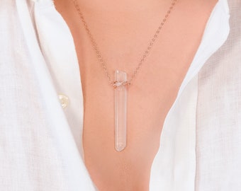 Quartz Necklace, Lemurian Quartz Necklace, Wire Wrapped Pendant Healing Crystal Necklace, Crystal Layering Necklace, Quartz Pendant