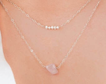 Rose Quartz Necklace, Pearl Necklace, Bridesmaid Jewelry Set, Bridal Party Gifts, Layered Necklaces For Women, Christmas Gifts For Mom