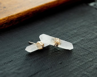 Raw Crystal Stud Earrings, Wire Wrapped Lemurian Quartz Bar Earrings, Healing Crystal Jewelry, Raw Terminated Gemstone, Small Tiny Studs