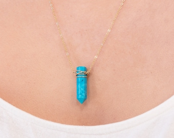 Turquoise Pendant Necklace, Wrapped Crystal Point, December Birthstone Jewelry, Genuine Natural Turquoise Gemstone, Gold Boho Drop Necklace