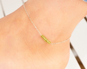 Sterling Silver Peridot Anklet, Beaded Gemstone Anklet, Custom August Birthstone Jewelry, Dainty Gold Filled Peridot Crystal Anklet