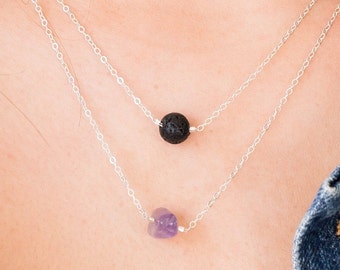 Essential Oil Diffuser Necklace, Amethyst Layered Necklace, Lava Bead Necklace For Women, Diffuser Jewelry Silver, Healing Gift, Lava Stone