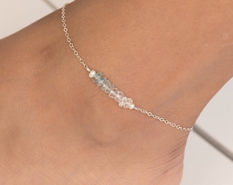 Aquamarine Anklet, Pearl Ankle Bracelet Silver, Summer Anklets, Ombre Jewelry, March Birthstone Jewelry, Bridal Jewelry, Mermaid Jewelry