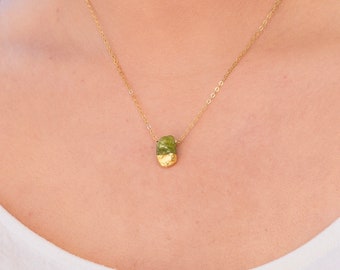 Raw Peridot Necklace, Gold Dipped Crystal Jewelry, August Birthstone Gift, Genuine Natural Peridot, Tiny Stone Pendant, Small Dainty Chain