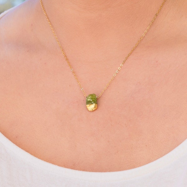 Raw Peridot Necklace, Gold Dipped Crystal Jewelry, August Birthstone Gift, Genuine Natural Peridot, Tiny Stone Pendant, Small Dainty Chain