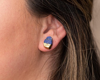 Raw Lapis Lazuli Earrings, Gold Dipped Lapis Lazuli Gemstone Studs, Natural Crystal Jewelry, Birthstone Jewelry Gift Ideas, Rough Blue Lapis