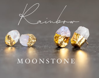 Raw Moonstone Earrings, Gold Dipped Crystal Studs, Handmade Jewelry, Tiny Healing Crystal Jewelry, Rainbow Moonstone Gemstone