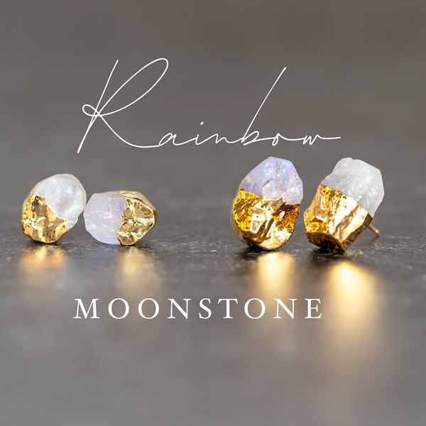 Raw Moonstone Earrings, Gold Dipped Crystal Studs, Handmade Jewelry, Tiny Healing Crystal Jewelry, Rainbow Moonstone Gemstone