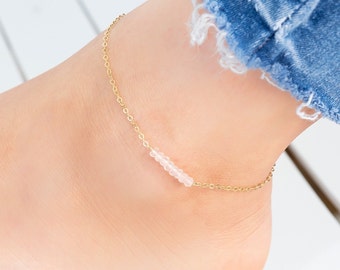 Rose Quartz Gemstone Anklet, Simple Ankle Bracelet, Gold Filled or Sterling Silver Beaded Anklet, Custom Birthstone Jewelry, Healing Crystal