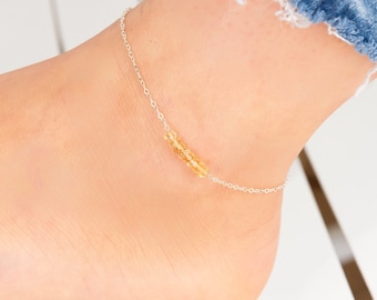 Dainty Citrine Crystal Anklet, Beaded Gold Filled or Sterling Silver Ankle Bracelet, Citrine November Birthstone Gift,Healing Gemstone