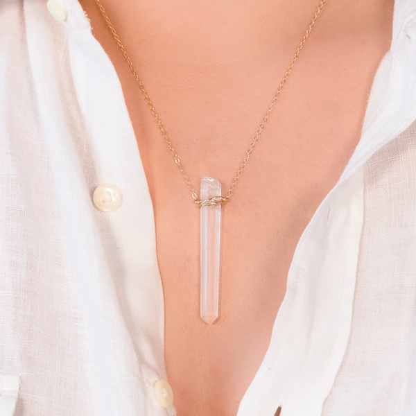 Quartz Necklace, Lemurian Quartz Necklace, Wire Wrapped Pendant Healing Crystal Necklace, Raw Crystal Layering Necklace, Quartz Pendant