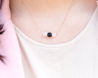 Rose Quartz and Lava Stone Gold Necklace, Delicate Essential Oil Necklace, Dainty Handmade Gemstone Lava Bead Necklace