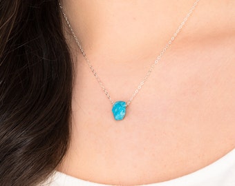 Raw Turquoise Sterling Silver Necklace, Tiny December Birthstone Necklace, Simple Gemstone Jewelry, Dainty Rough Crystal Gifts For Women,