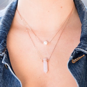 Large Freshwater Pearl and Rose Quartz Rose Gold Wire Wrapped Rose Quartz Point Layered Necklace, Rose Quartz Necklace, Pearl Necklace