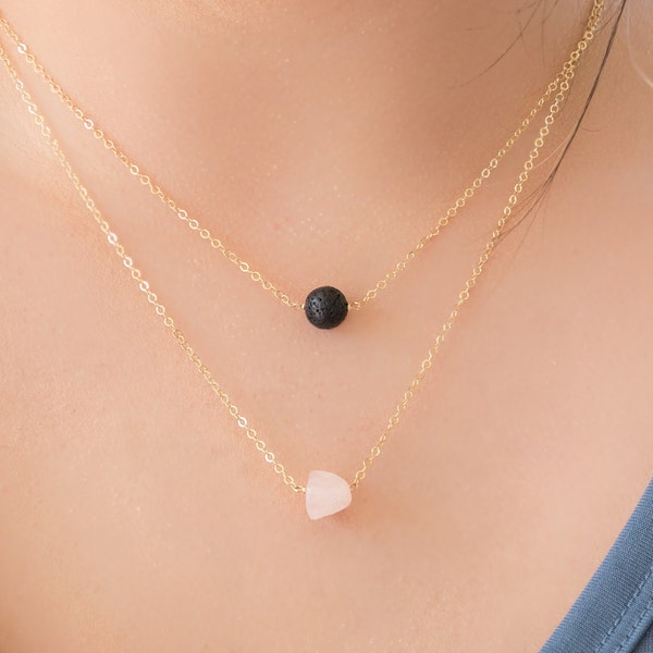 Diffuser Necklace, Layered Necklace, Lava Stone Essential Oil Necklace, LavaBead, Christmas Gift For Mom, Raw Rose Quartz Necklace, LavaBead