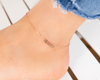 Dainty Crystal Anklet, Smoky Quartz Gemstone Ankle Bracelet, Simple Beaded Bar Anklet, Thin and Delicate Birthstone Ankle Bracelet