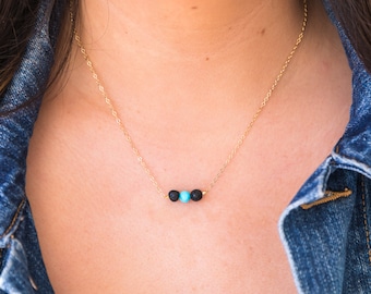 Rare Turquoise and Lava Stone Gold Necklace, December Birthstone Jewelry, Layered Delicate Necklace, Dainty Handmade Gemstone Necklace