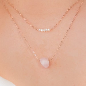 Rose Quartz Necklace, Pearl Necklace, Layered Necklace Set, Bridesmaid Jewelry Set, Christmas Gifts For Mom, Bridal Shower Gift, Rose Gold