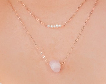 Rose Quartz Necklace, Pearl Necklace, Layered Necklace Set, Bridesmaid Jewelry Set, Christmas Gifts For Mom, Bridal Shower Gift, Rose Gold