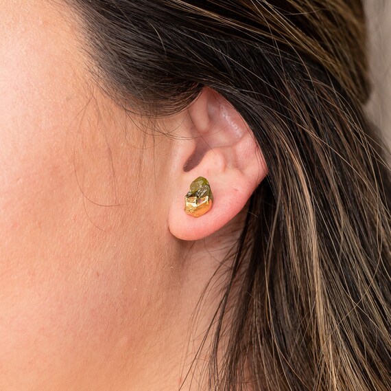 Raw Peridot Earrings, Gold Dipped Crystal Studs, August Birthstone 