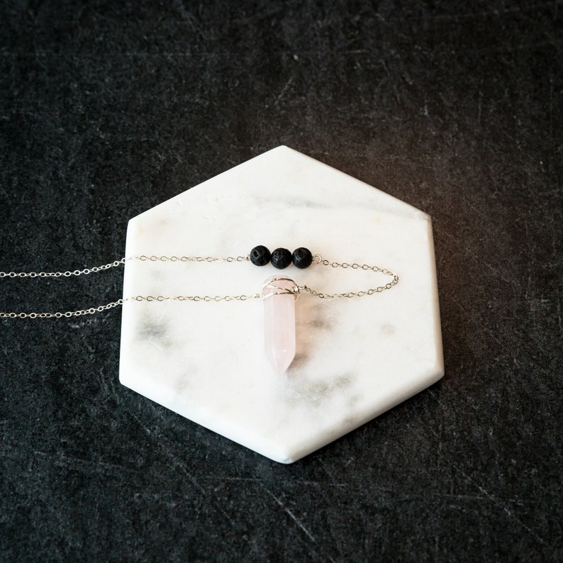 Diffuser Necklace, Rose Quartz Pendant Necklace, Lava Bead Necklace, Essential Oil Jewelry, Healing Crystals and Stones, Lava Rock Yoga image 4