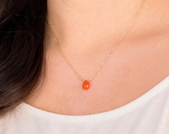 Dainty Carnelian Crystal Necklace, Red Carnelian Gold Pendant, Teardrop Birthstone Necklace Gift For Her, Healing Crystal Jewelry