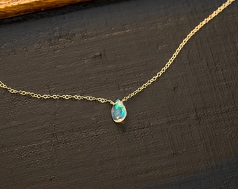 Tiny Opal Gemstone Necklace, Simple Teardrop Bridal Party Gift, October Birthstone Jewelry, Everyday Crystal Pendant, Gold Layering Stack
