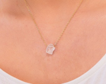 Raw Quartz Crystal Necklace, Tiny Gemstone Jewelry, Gold Healing Stone Drop Pendant, Clear Quartz Birthstone Gift, Simple Minimalist Stack