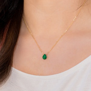 Natural Emerald Necklace, May Birthstone Teardrop Charm, Gold Tiny Crystal Pendant, Raw Gemstone Jewelry For Her, Simple Gift For Daughter