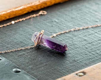 Amethyst Necklace, Amethyst Pendant Necklace Rose Gold, Amethyst Wire Wrapped Pendant Necklace, February Birthstone Necklace Gift