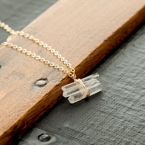 Quartz Crystal Necklace, Sterling Silver Raw Gemstone Jewelry, Tiny Wire Wrap Gold Pendant, Clear Quartz Healing Gift, Simple Stacking Bar