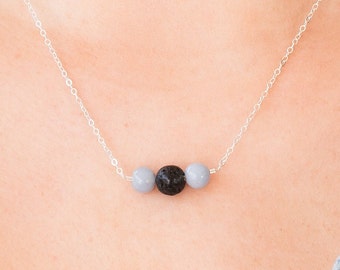 Essential Oil Necklace For Women, Lava Stone Diffuser Necklace, Essential Oil Jewelry, Angelite Necklace, Healing Gift For Mom, Lava Bead